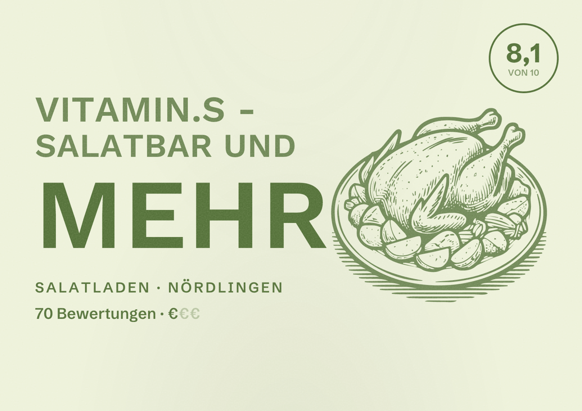 Illustriertes Poster von Vitamin.S - Salatbar und mehr, Salatladen in Nördlingen: Bewertung 8,1 von 10 aus 70 Bewertungen, Preisniveau €