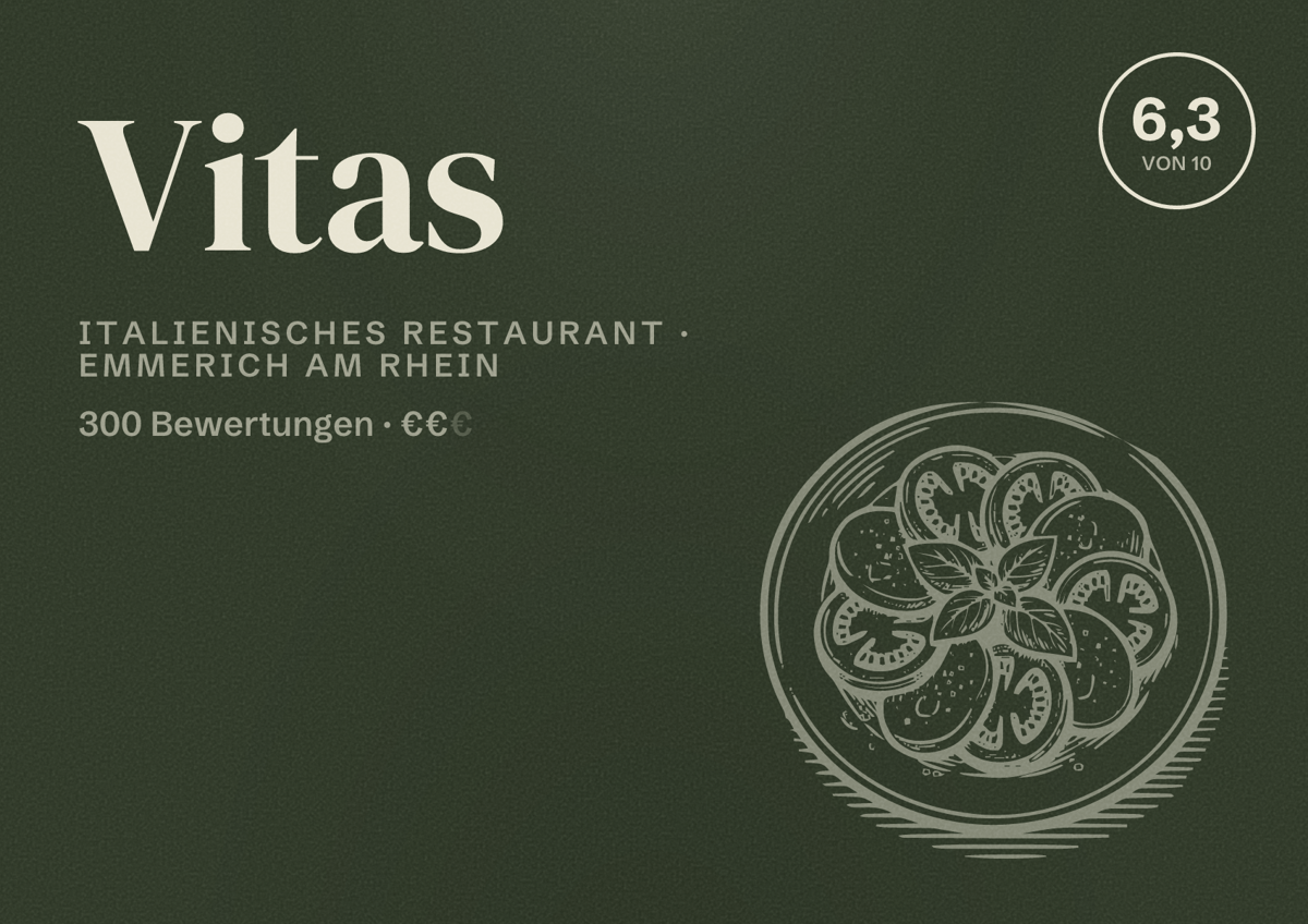 Illustriertes Poster von Vitas, Italienisches Restaurant in Emmerich am Rhein: Bewertung 6,3 von 10 aus 300 Bewertungen, Preisniveau €€