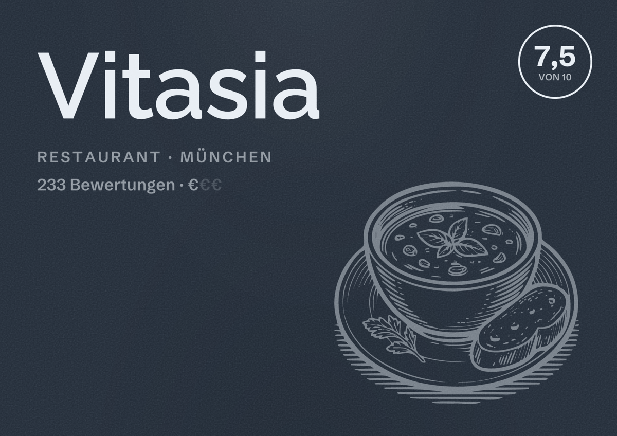 Illustriertes Poster von Vitasia, Restaurant in München: Bewertung 7,5 von 10 aus 233 Bewertungen, Preisniveau €