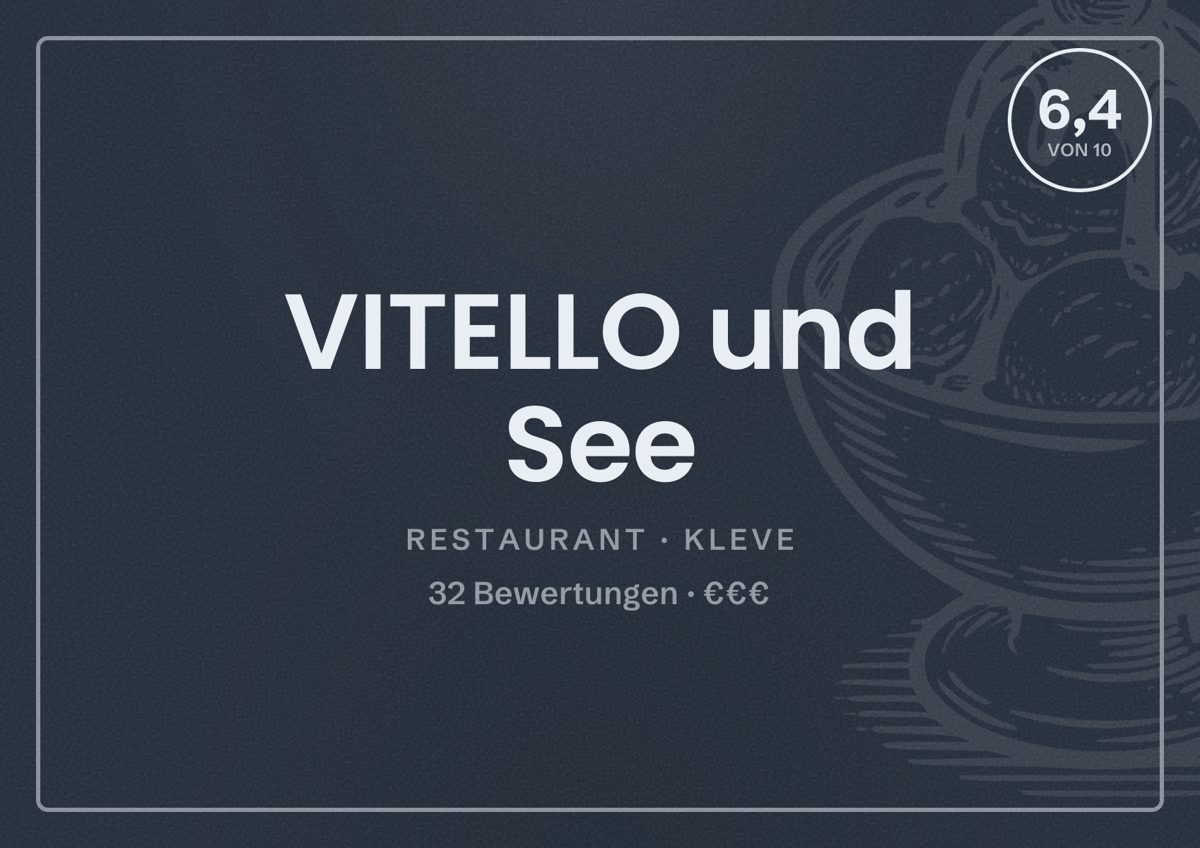 Illustriertes Poster von VITELLO und See, Restaurant in Kleve: Bewertung 6,4 von 10 aus 32 Bewertungen, Preisniveau €€€
