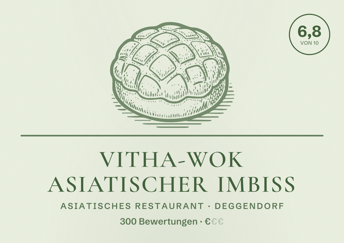 Illustriertes Poster von Vitha-Wok Asiatischer Imbiss, Asiatisches Restaurant in Deggendorf: Bewertung 6,8 von 10 aus 300 Bewertungen, Preisniveau €