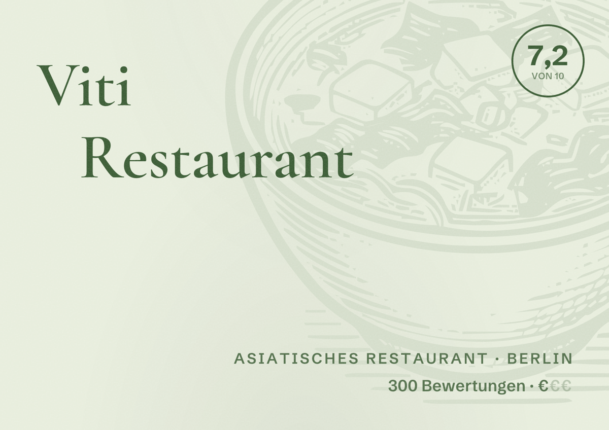 Illustriertes Poster von Viti Restaurant, Asiatisches Restaurant in Berlin: Bewertung 7,2 von 10 aus 300 Bewertungen, Preisniveau €
