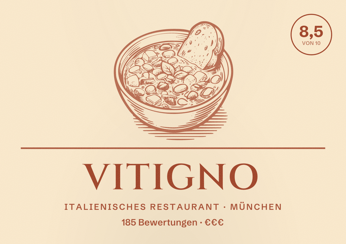 Illustriertes Poster von Vitigno, Italienisches Restaurant in München: Bewertung 8,5 von 10 aus 185 Bewertungen, Preisniveau €€€