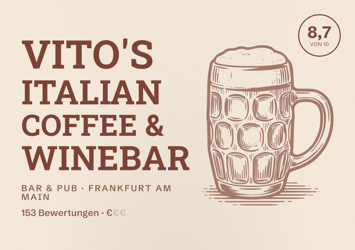 Illustriertes Poster von VITO'S Italian Coffee & Winebar, Bar & Pub in Frankfurt am Main: Bewertung 8,7 von 10 aus 153 Bewertungen, Preisniveau €