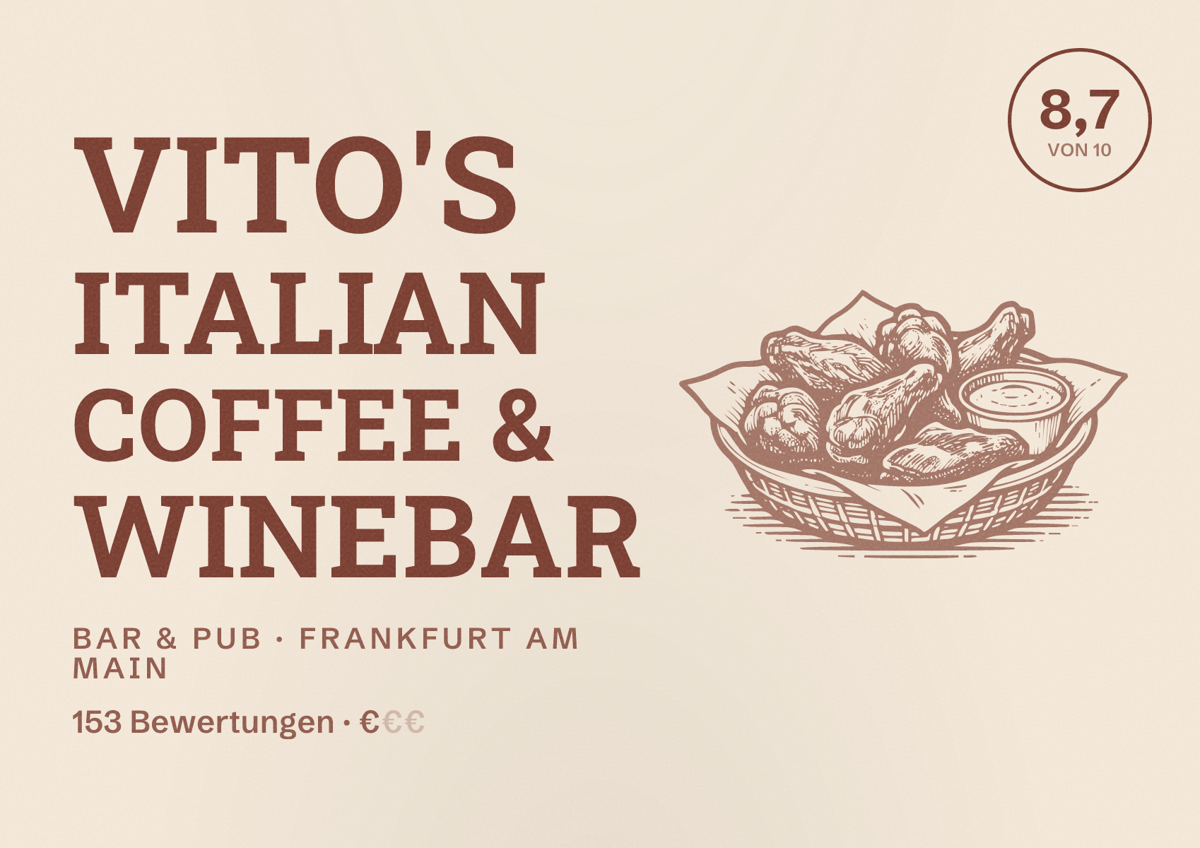 Illustriertes Poster von VITO'S Italian Coffee & Winebar, Bar & Pub in Frankfurt am Main: Bewertung 8,7 von 10 aus 153 Bewertungen, Preisniveau €