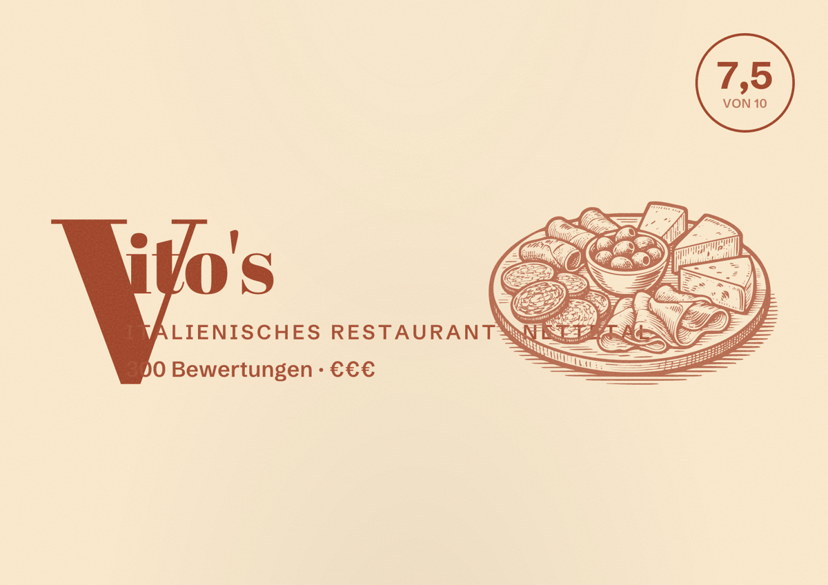 Illustriertes Poster von Vito's, Italienisches Restaurant in Nettetal: Bewertung 7,5 von 10 aus 300 Bewertungen, Preisniveau €€€