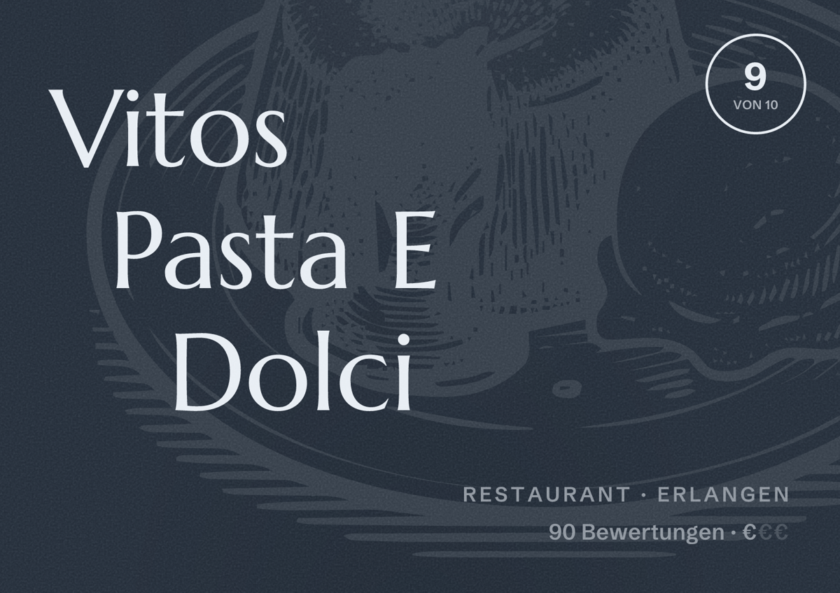 Illustriertes Poster von Vitos Pasta E Dolci, Restaurant in Erlangen: Bewertung 9 von 10 aus 90 Bewertungen, Preisniveau €