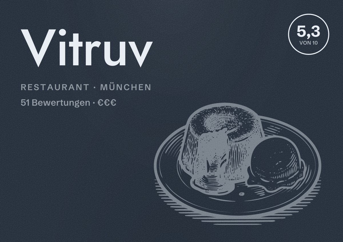 Illustriertes Poster von Vitruv, Restaurant in München: Bewertung 5,3 von 10 aus 51 Bewertungen, Preisniveau €€€