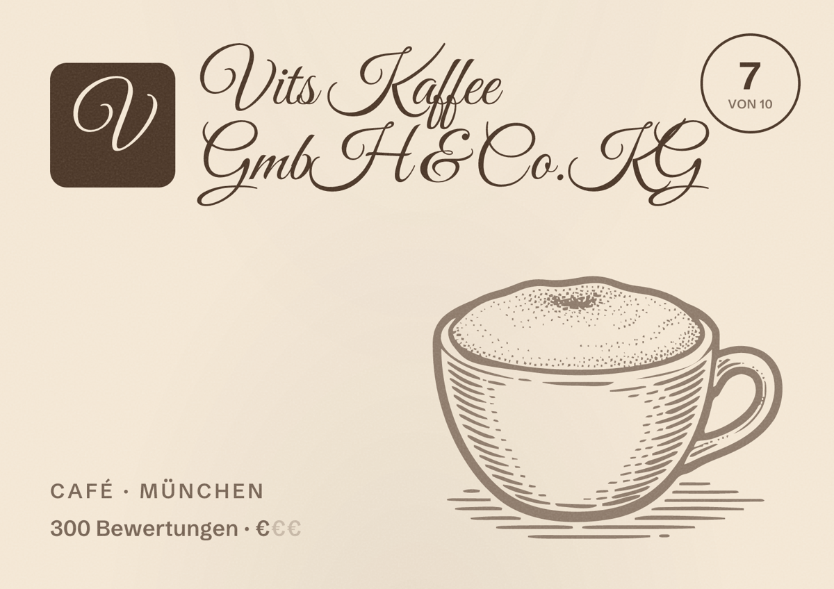 Illustriertes Poster von Vits Kaffee GmbH & Co.KG, Café in München: Bewertung 7 von 10 aus 300 Bewertungen, Preisniveau €