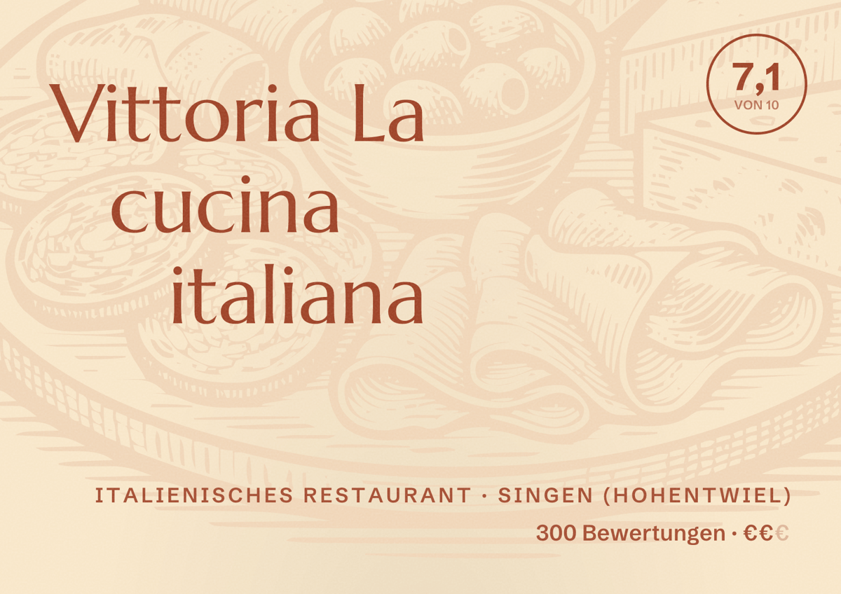 Illustriertes Poster von Vittoria La cucina italiana, Italienisches Restaurant in Singen (Hohentwiel): Bewertung 7,1 von 10 aus 300 Bewertungen, Preisniveau €€