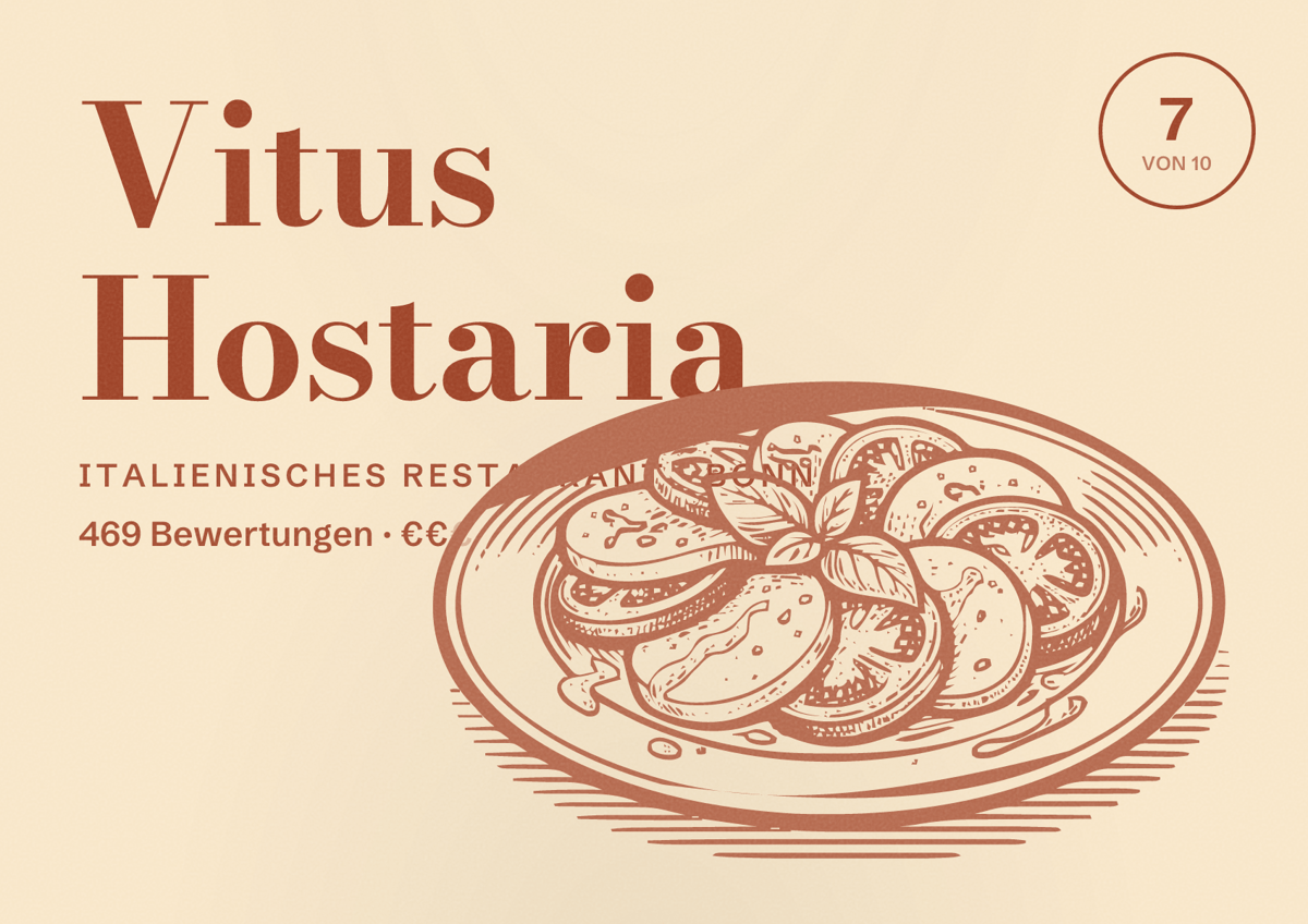 Illustriertes Poster von Vitus Hostaria, Italienisches Restaurant in Bonn: Bewertung 7 von 10 aus 469 Bewertungen, Preisniveau €€