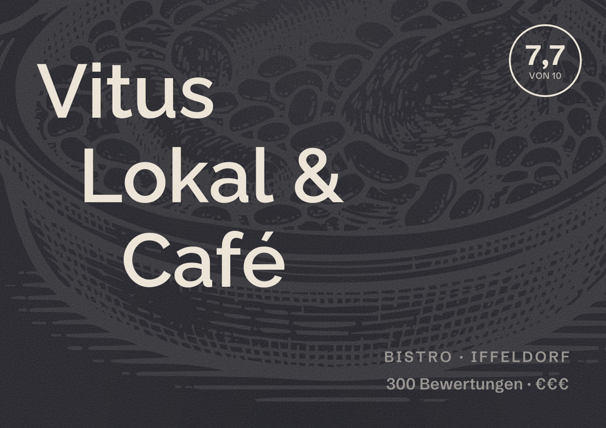 Illustriertes Poster von Vitus Lokal & Café, Bistro in Iffeldorf: Bewertung 7,7 von 10 aus 300 Bewertungen, Preisniveau €€€