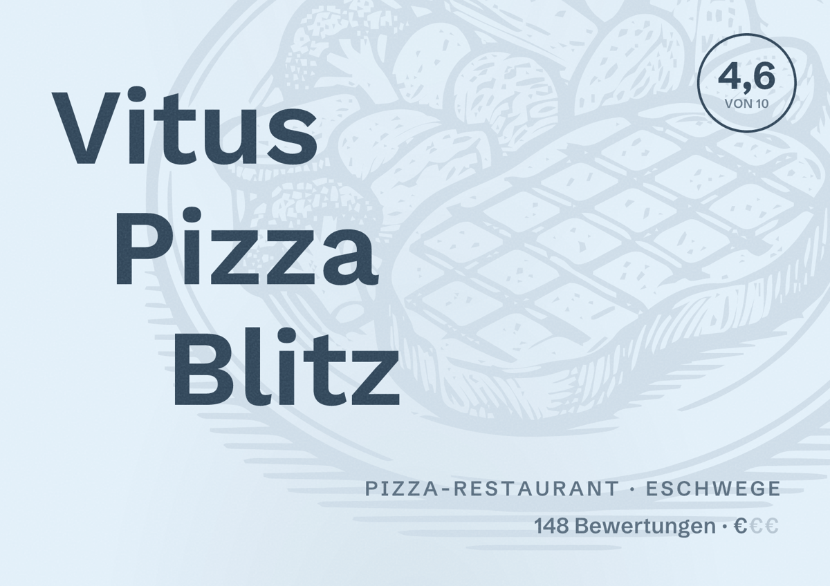Illustriertes Poster von Vitus Pizza Blitz, Pizza-Restaurant in Eschwege: Bewertung 4,6 von 10 aus 148 Bewertungen, Preisniveau €