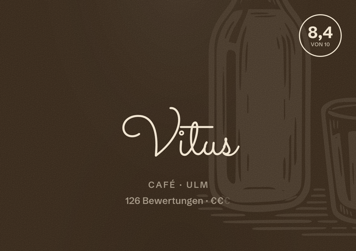 Illustriertes Poster von Vitus, Café in Ulm: Bewertung 8,4 von 10 aus 126 Bewertungen, Preisniveau €€