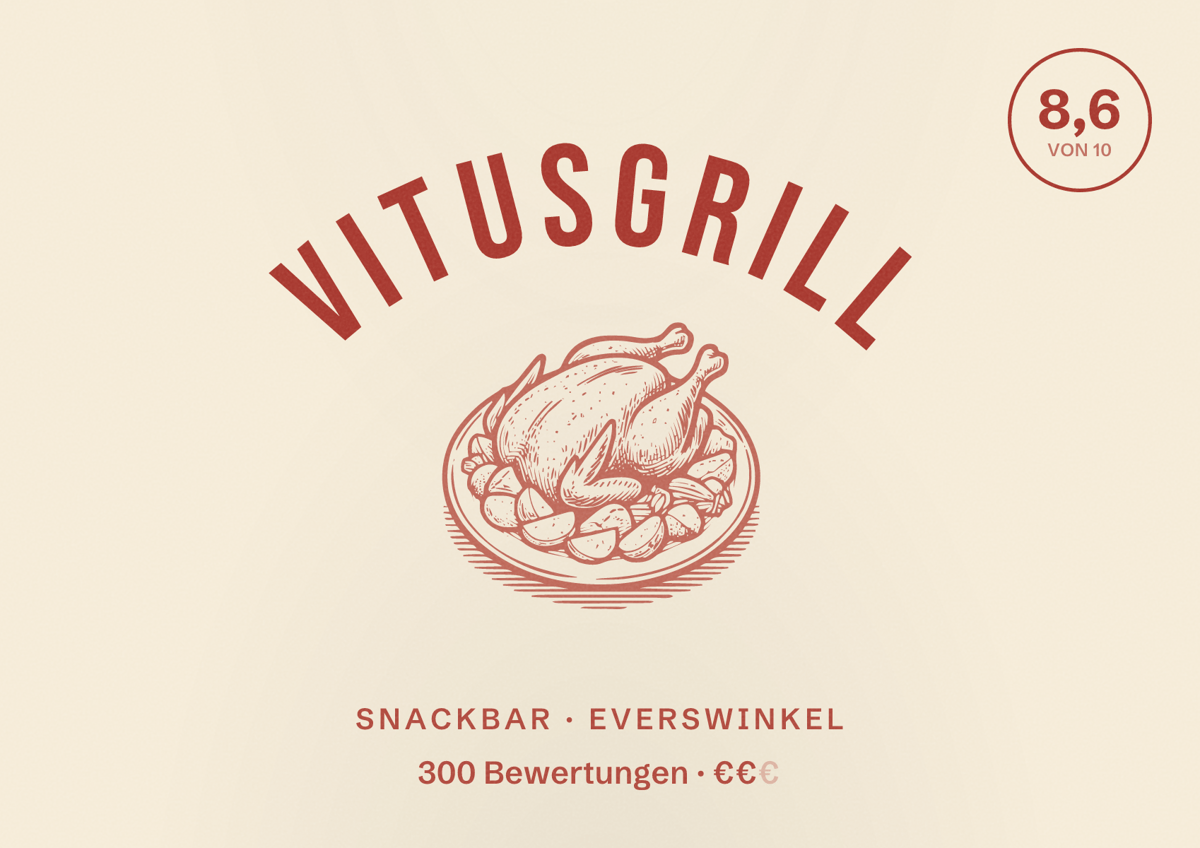 Illustriertes Poster von Vitusgrill, Snackbar in Everswinkel: Bewertung 8,6 von 10 aus 300 Bewertungen, Preisniveau €€