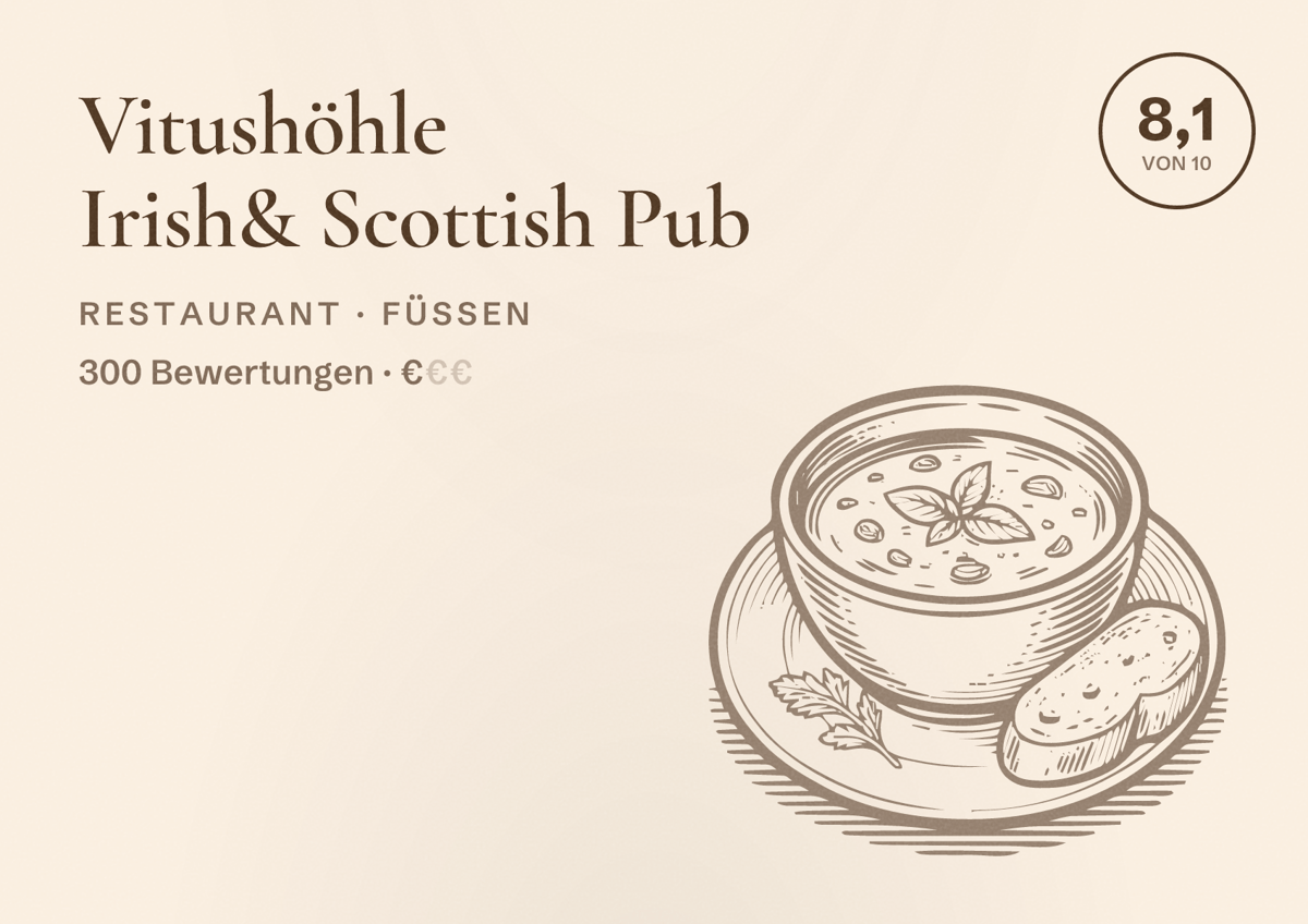 Illustriertes Poster von Vitushöhle Irish& Scottish Pub, Restaurant in Füssen: Bewertung 8,1 von 10 aus 300 Bewertungen, Preisniveau €