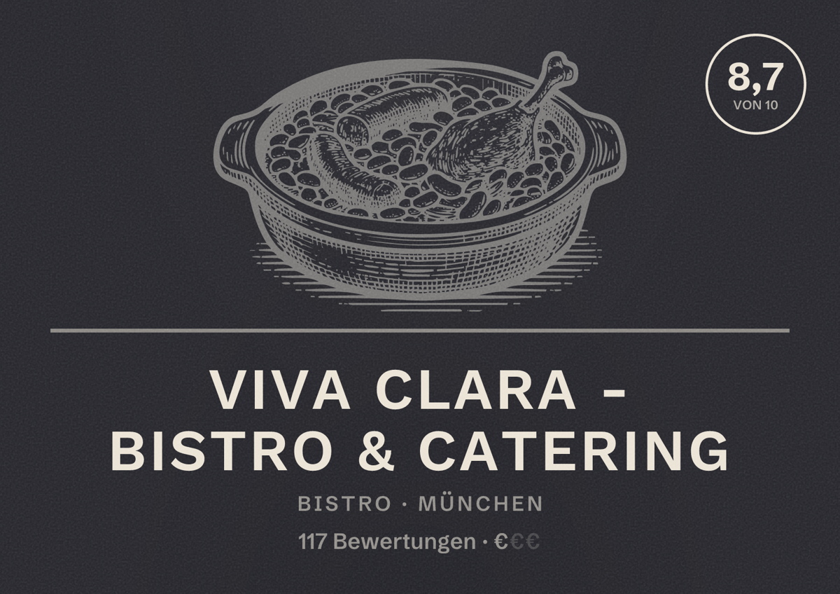 Illustriertes Poster von VIVA CLARA - Bistro & Catering, Bistro in München: Bewertung 8,7 von 10 aus 117 Bewertungen, Preisniveau €