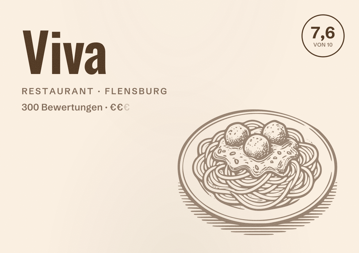 Illustriertes Poster von Viva, Restaurant in Flensburg: Bewertung 7,6 von 10 aus 300 Bewertungen, Preisniveau €€