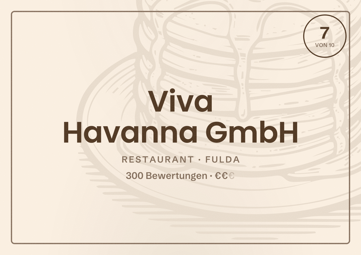Illustriertes Poster von Viva Havanna GmbH, Restaurant in Fulda: Bewertung 7 von 10 aus 300 Bewertungen, Preisniveau €€