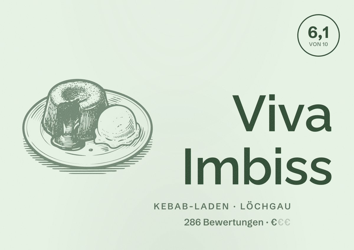 Illustriertes Poster von Viva Imbiss, Kebab-Laden in Löchgau: Bewertung 6,1 von 10 aus 286 Bewertungen, Preisniveau €