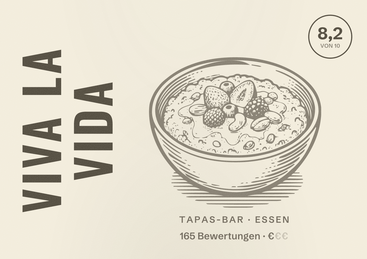 Illustriertes Poster von Viva la Vida, Tapas-Bar in Essen: Bewertung 8,2 von 10 aus 165 Bewertungen, Preisniveau €