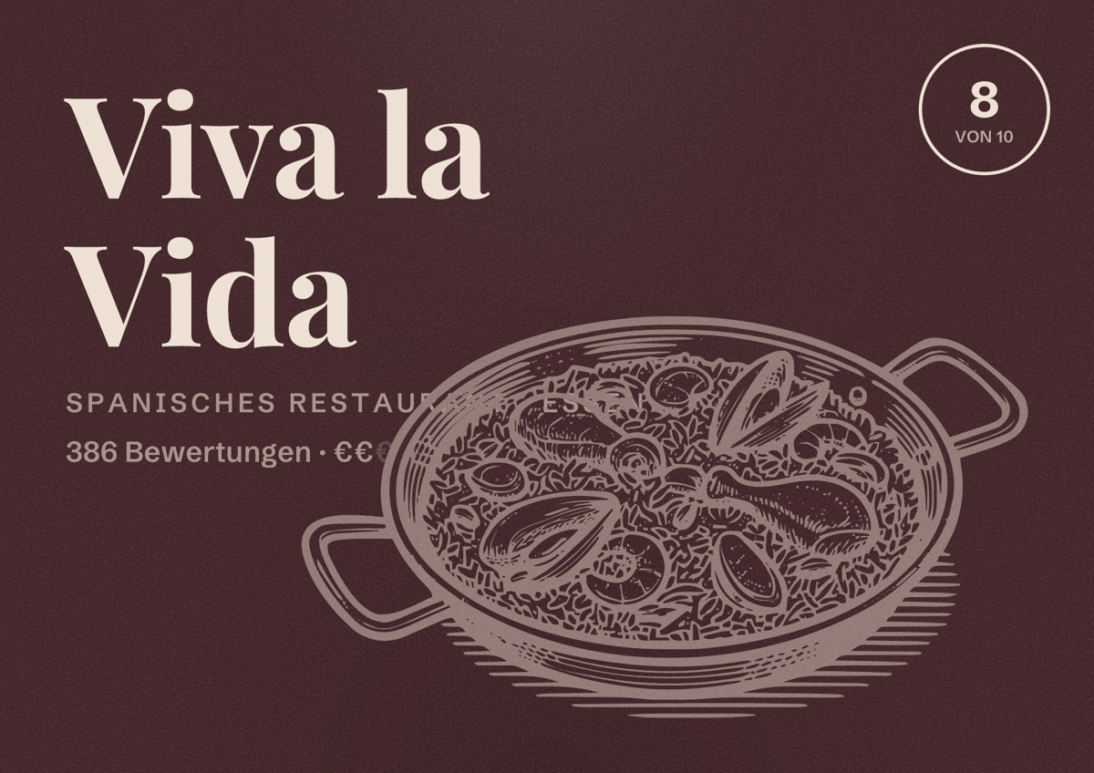 Illustriertes Poster von Viva la Vida, Spanisches Restaurant in Essen: Bewertung 8 von 10 aus 386 Bewertungen, Preisniveau €€