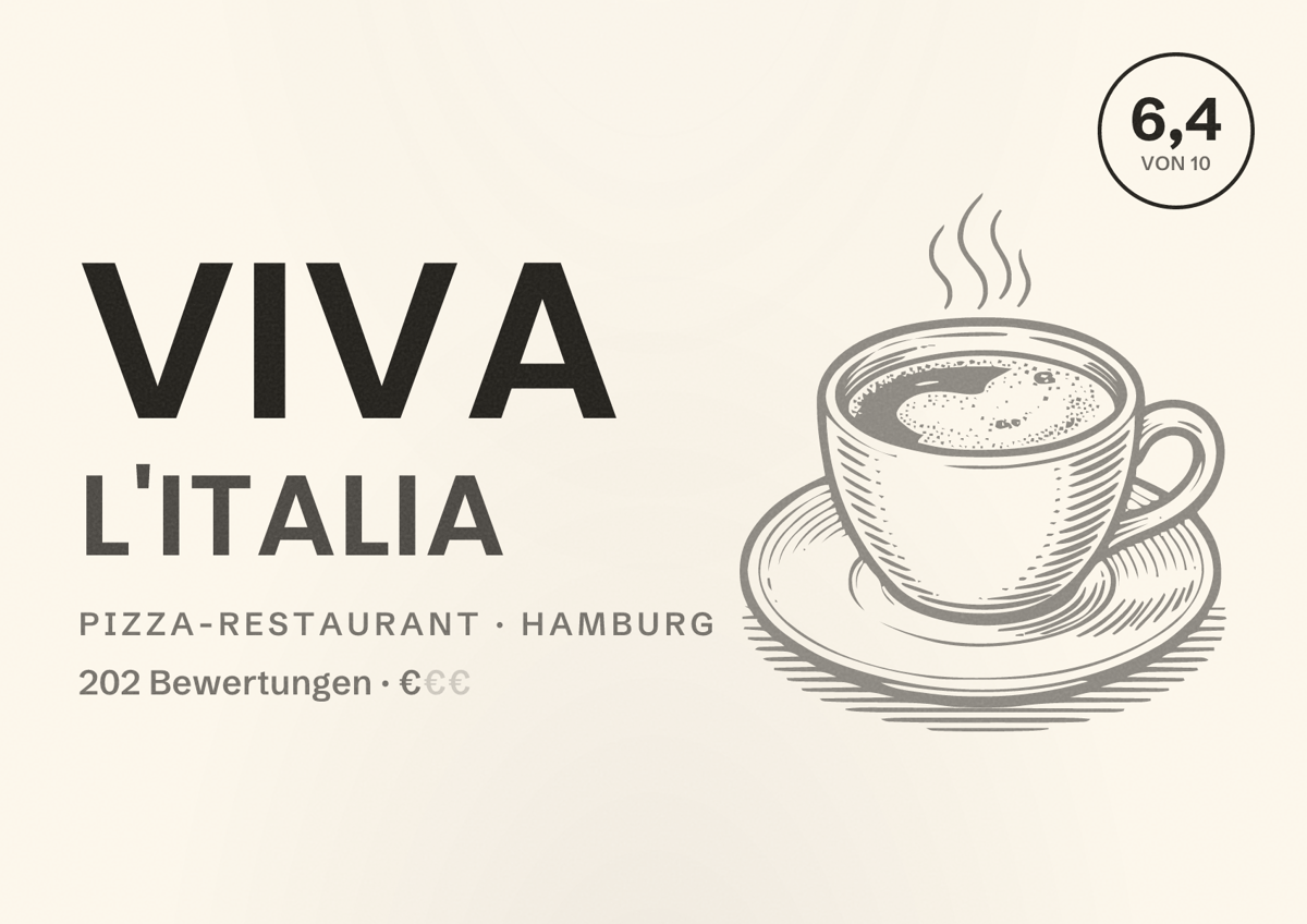 Illustriertes Poster von Viva L'Italia, Pizza-Restaurant in Hamburg: Bewertung 6,4 von 10 aus 202 Bewertungen, Preisniveau €