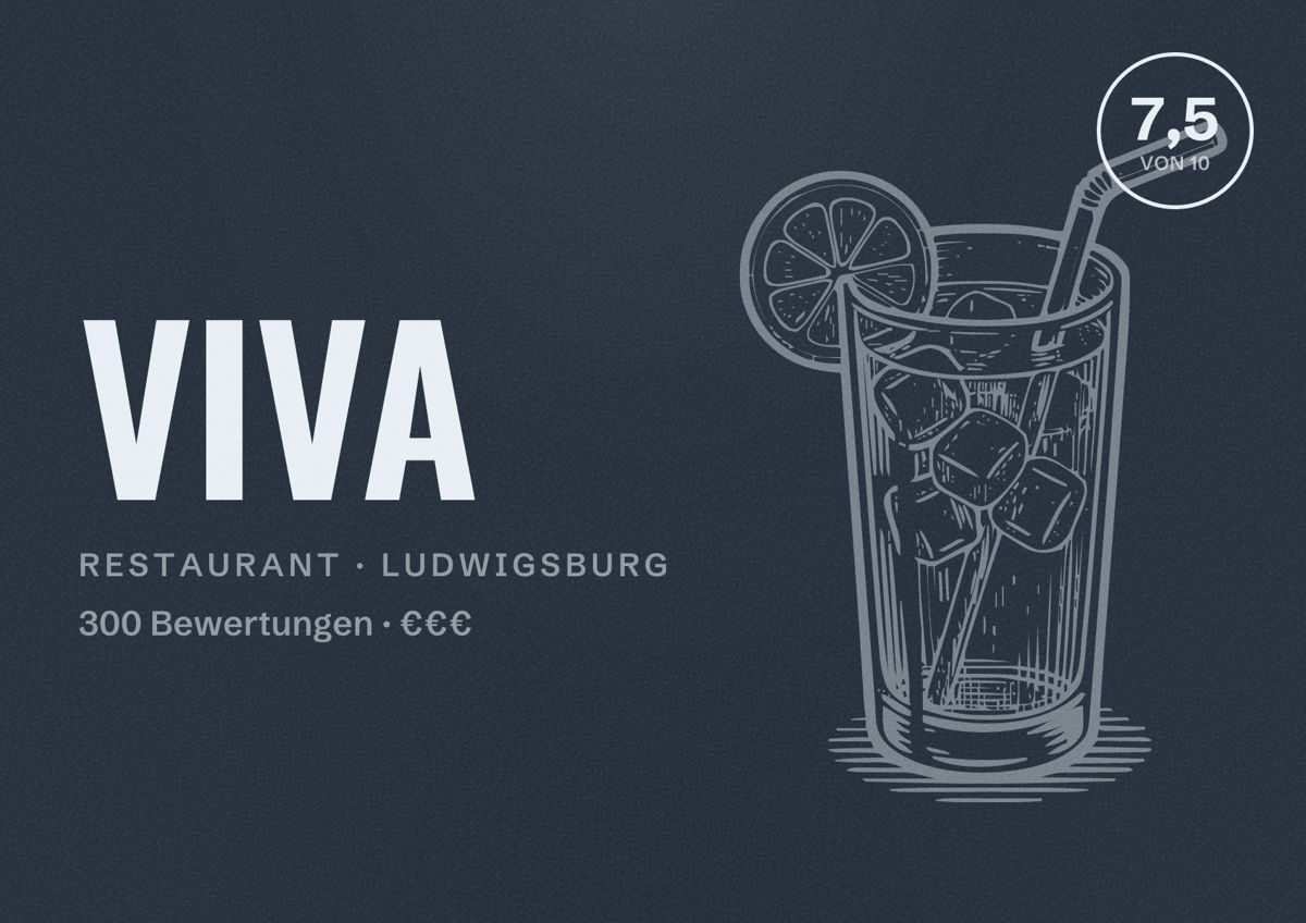 Illustriertes Poster von VIVA, Restaurant in Ludwigsburg: Bewertung 7,5 von 10 aus 300 Bewertungen, Preisniveau €€€