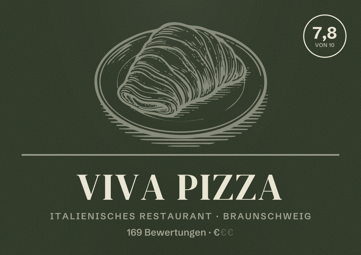 Illustriertes Poster von Viva Pizza, Italienisches Restaurant in Braunschweig: Bewertung 7,8 von 10 aus 169 Bewertungen, Preisniveau €