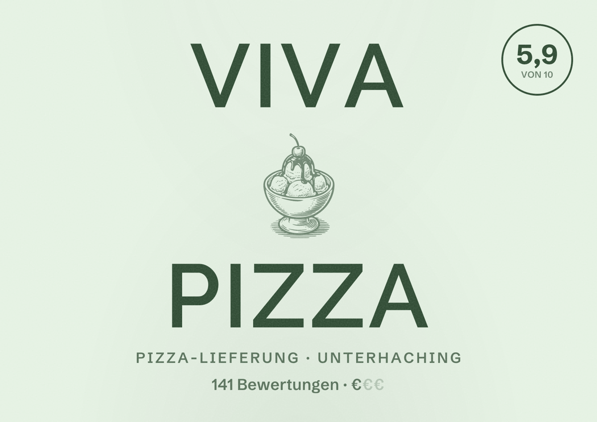 Illustriertes Poster von Viva Pizza, Pizza-Lieferung in Unterhaching: Bewertung 5,9 von 10 aus 141 Bewertungen, Preisniveau €