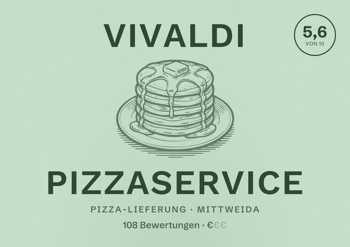 Illustriertes Poster von Vivaldi Pizzaservice, Pizza-Lieferung in Mittweida: Bewertung 5,6 von 10 aus 108 Bewertungen, Preisniveau €