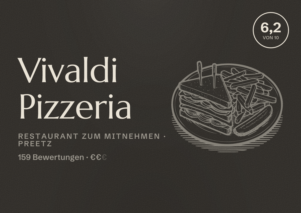 Illustriertes Poster von Vivaldi Pizzeria, Restaurant zum Mitnehmen in Preetz: Bewertung 6,2 von 10 aus 159 Bewertungen, Preisniveau €€