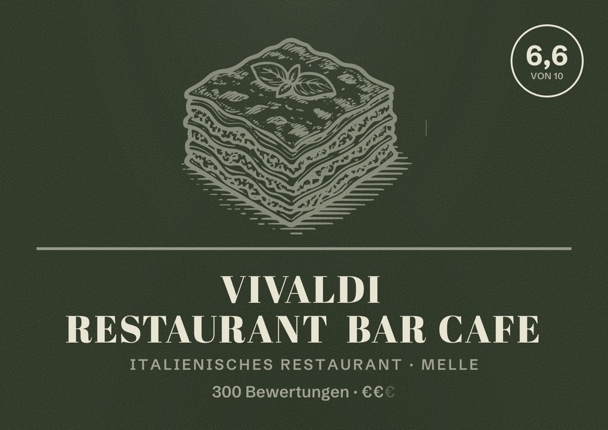 Illustriertes Poster von Vivaldi Restaurant Bar Cafe, Italienisches Restaurant in Melle: Bewertung 6,6 von 10 aus 300 Bewertungen, Preisniveau €€