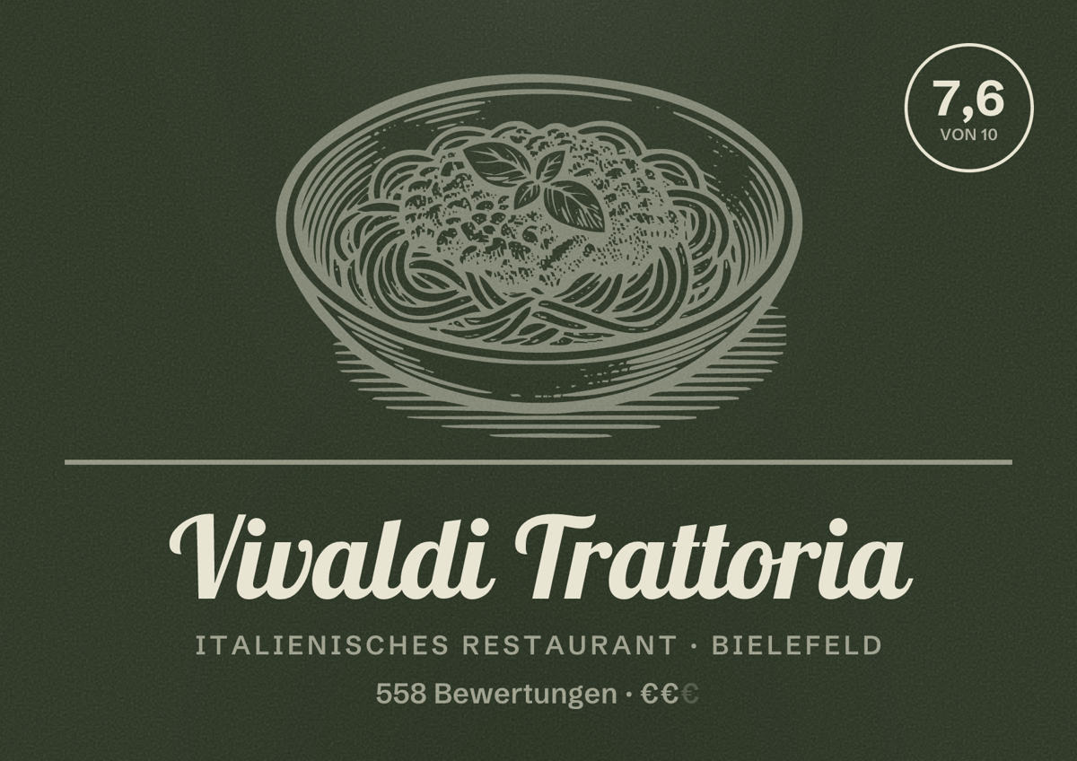 Illustriertes Poster von Vivaldi Trattoria, Italienisches Restaurant in Bielefeld: Bewertung 7,6 von 10 aus 558 Bewertungen, Preisniveau €€