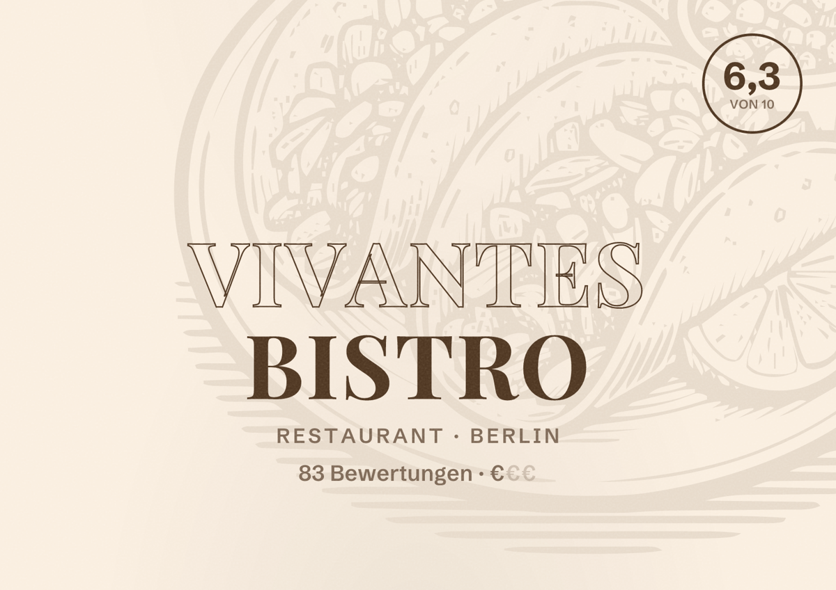 Illustriertes Poster von Vivantes Bistro, Restaurant in Berlin: Bewertung 6,3 von 10 aus 83 Bewertungen, Preisniveau €