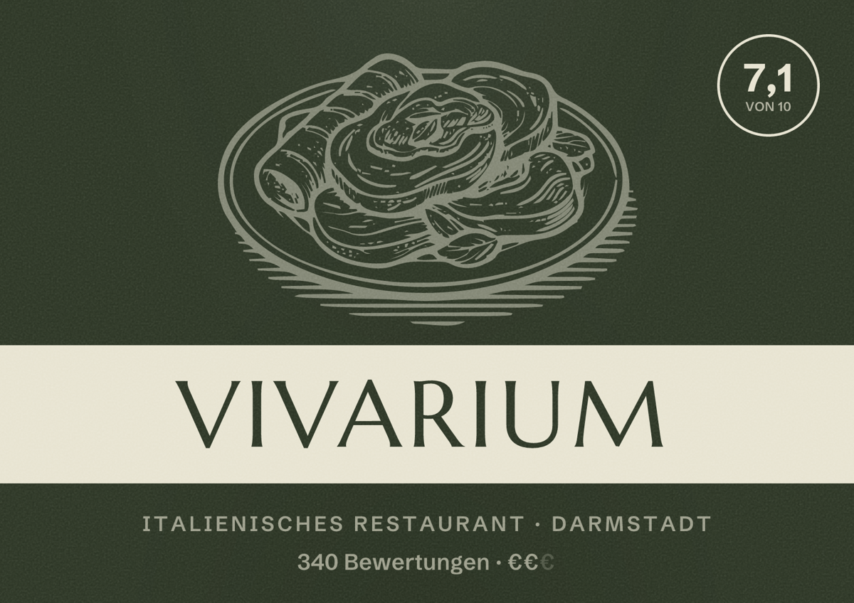 Illustriertes Poster von Vivarium, Italienisches Restaurant in Darmstadt: Bewertung 7,1 von 10 aus 340 Bewertungen, Preisniveau €€