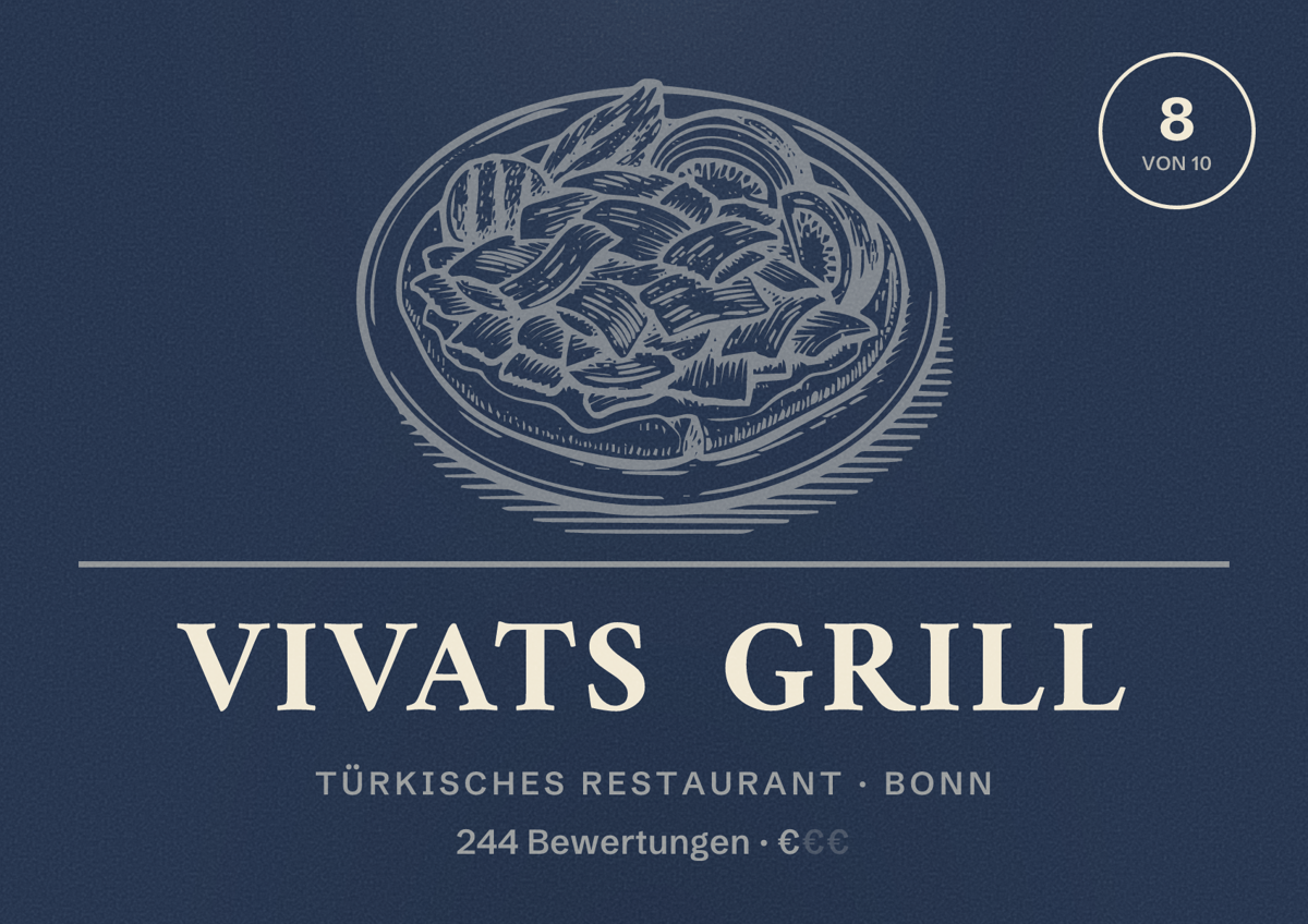 Illustriertes Poster von Vivats Grill, Türkisches Restaurant in Bonn: Bewertung 8 von 10 aus 244 Bewertungen, Preisniveau €