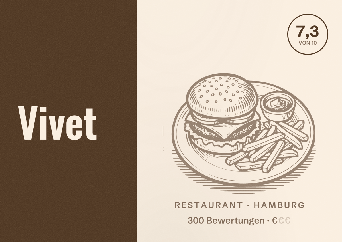 Illustriertes Poster von Vivet, Restaurant in Hamburg: Bewertung 7,3 von 10 aus 300 Bewertungen, Preisniveau €