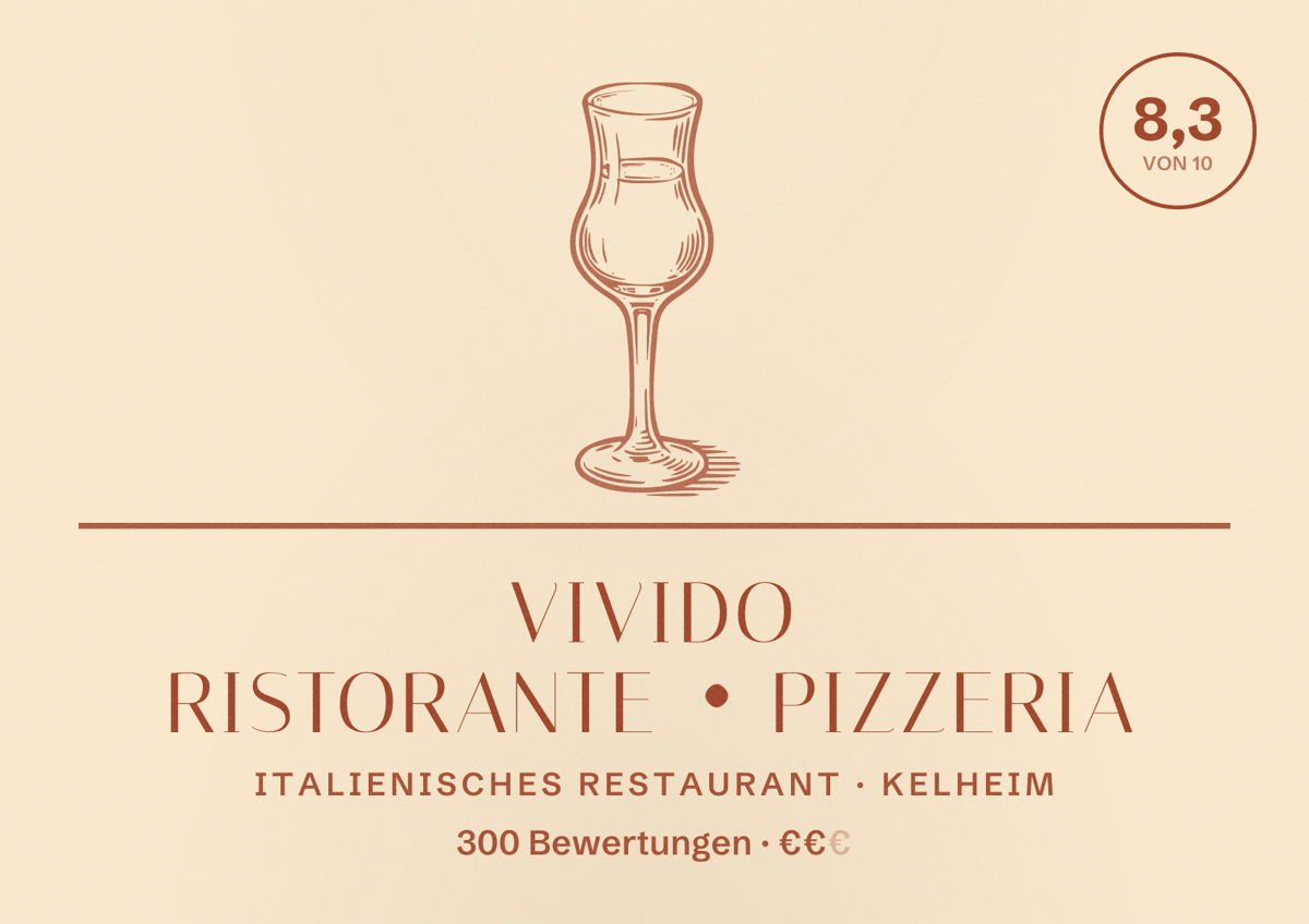 Illustriertes Poster von VIVIDO Ristorante • Pizzeria, Italienisches Restaurant in Kelheim: Bewertung 8,3 von 10 aus 300 Bewertungen, Preisniveau €€