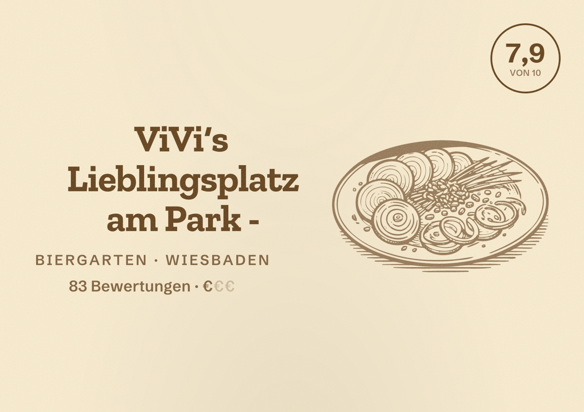 Illustriertes Poster von ViVi‘s Lieblingsplatz am Park -, Biergarten in Wiesbaden: Bewertung 7,9 von 10 aus 83 Bewertungen, Preisniveau €