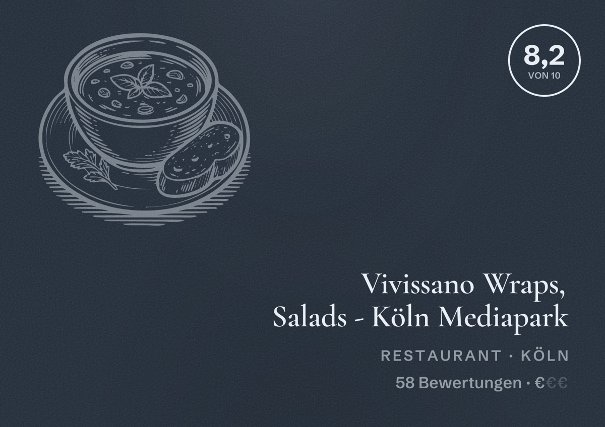 Illustriertes Poster von Vivissano Wraps, Salads - Köln Mediapark, Restaurant in Köln: Bewertung 8,2 von 10 aus 58 Bewertungen, Preisniveau €