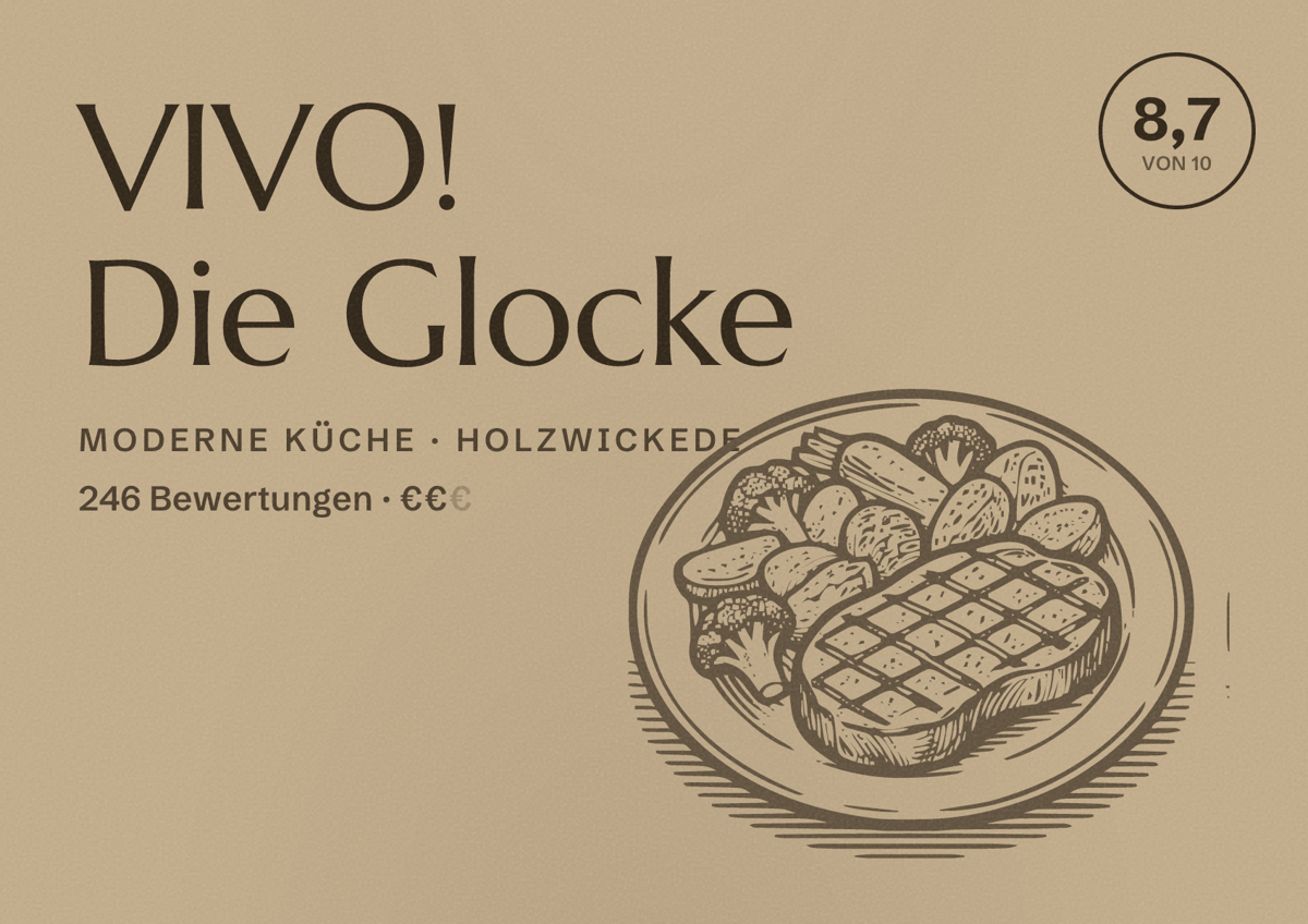 Illustriertes Poster von VIVO! Die Glocke, Moderne Küche in Holzwickede: Bewertung 8,7 von 10 aus 246 Bewertungen, Preisniveau €€