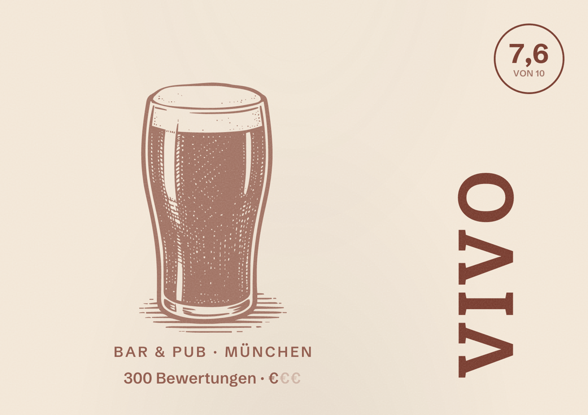 Illustriertes Poster von Vivo, Bar & Pub in München: Bewertung 7,6 von 10 aus 300 Bewertungen, Preisniveau €