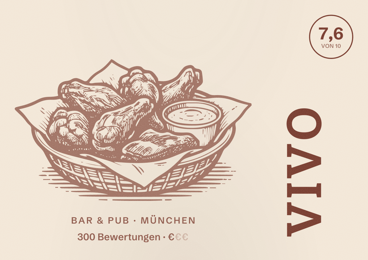 Illustriertes Poster von Vivo, Bar & Pub in München: Bewertung 7,6 von 10 aus 300 Bewertungen, Preisniveau €