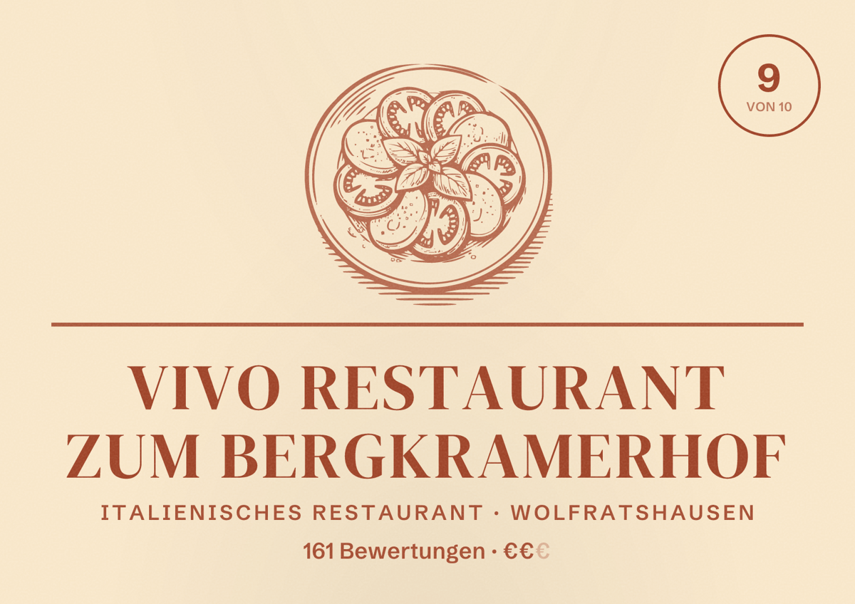 Illustriertes Poster von VIVO Restaurant zum Bergkramerhof, Italienisches Restaurant in Wolfratshausen: Bewertung 9 von 10 aus 161 Bewertungen, Preisniveau €€