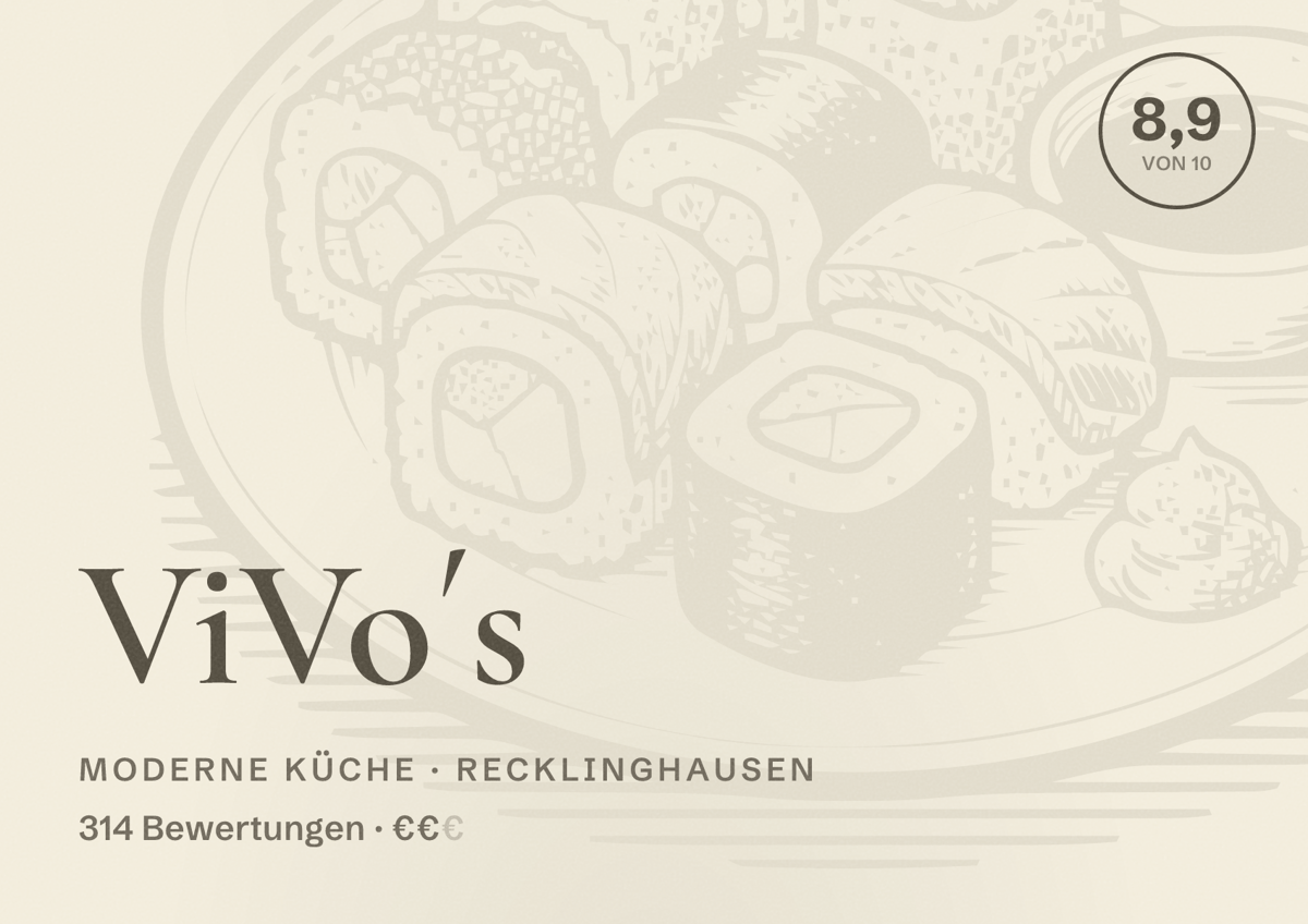 Illustriertes Poster von ViVo´s, Moderne Küche in Recklinghausen: Bewertung 8,9 von 10 aus 314 Bewertungen, Preisniveau €€