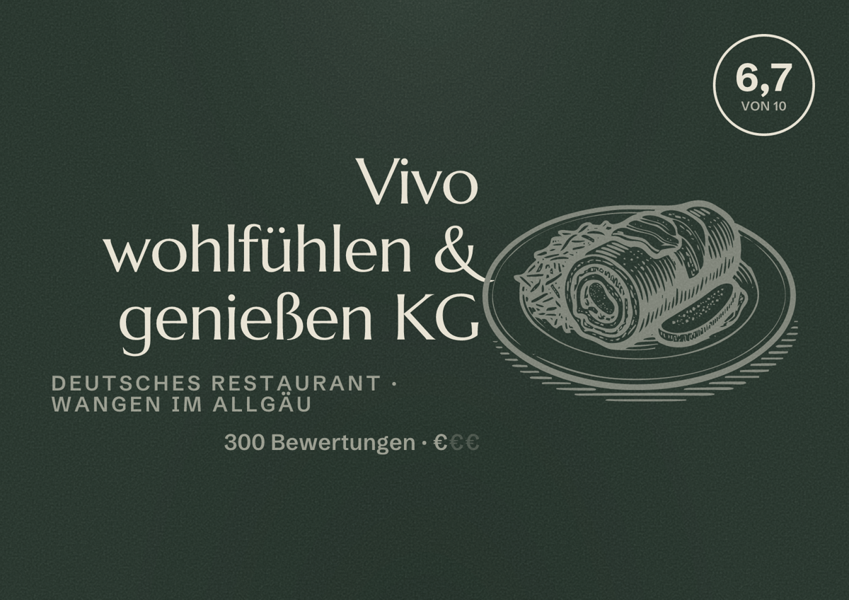Illustriertes Poster von Vivo wohlfühlen & genießen KG, Deutsches Restaurant in Wangen im Allgäu: Bewertung 6,7 von 10 aus 300 Bewertungen, Preisniveau €