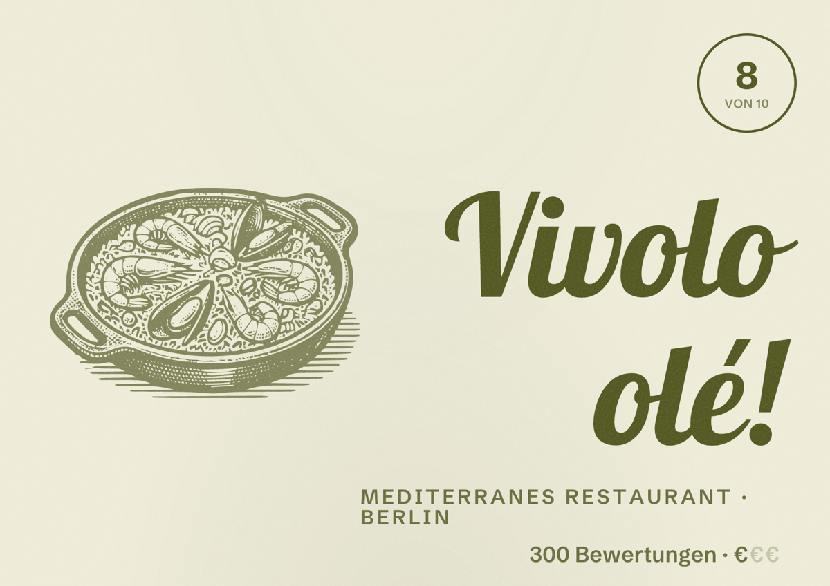 Illustriertes Poster von Vivolo olé!, Mediterranes Restaurant in Berlin: Bewertung 8,0 von 10 aus 300 Bewertungen, Preisniveau €