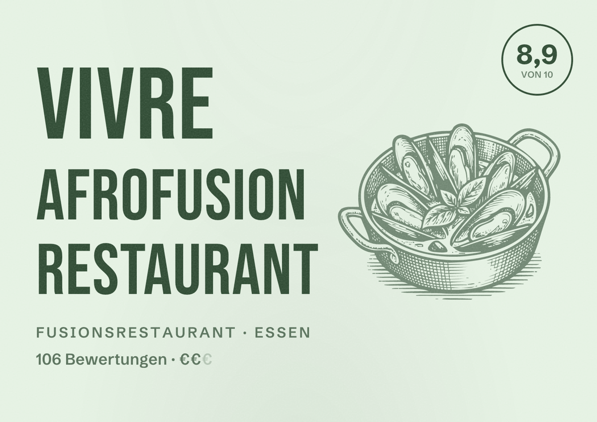 Illustriertes Poster von Vivre AfroFusion Restaurant, Fusionsrestaurant in Essen: Bewertung 8,9 von 10 aus 106 Bewertungen, Preisniveau €€