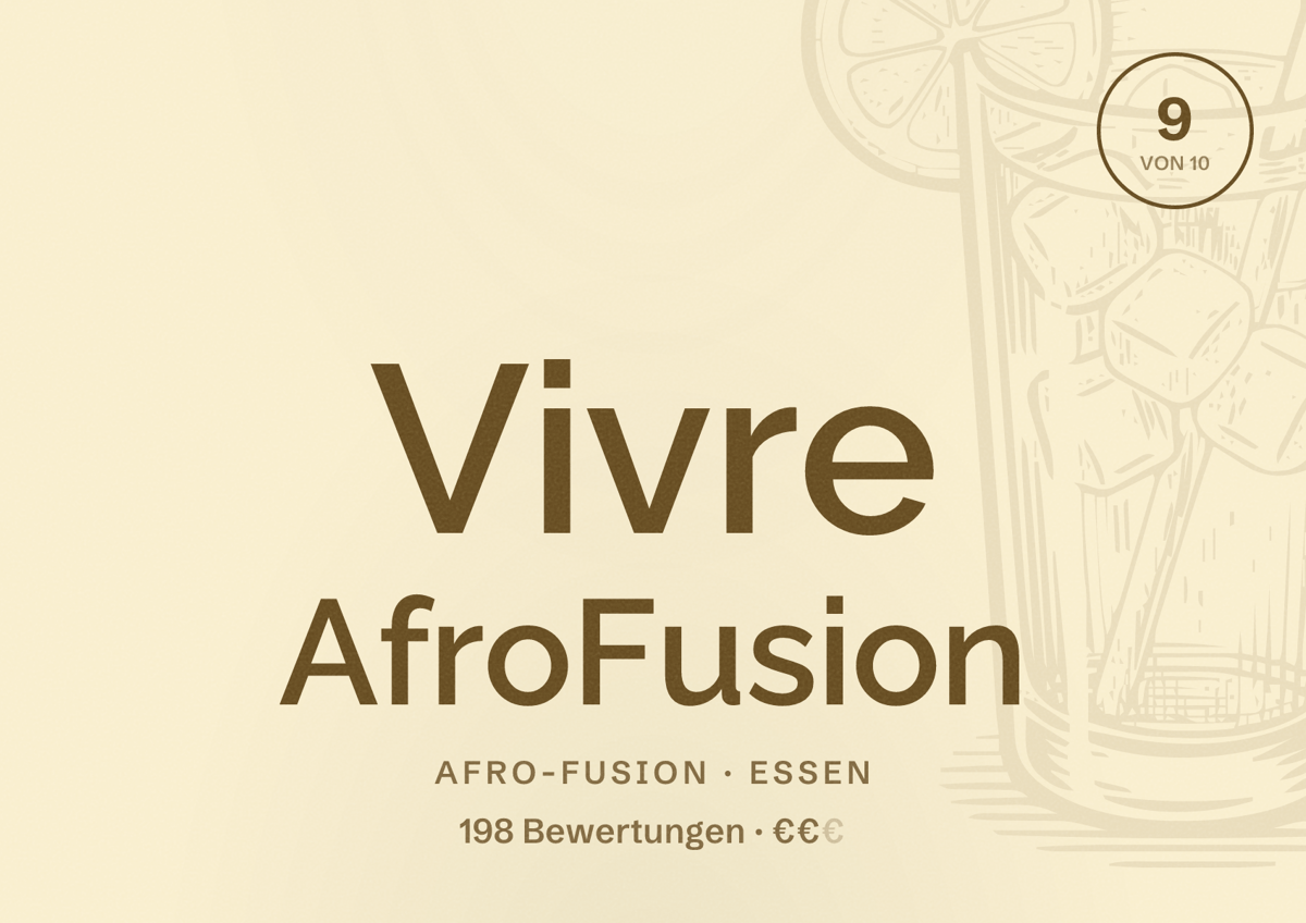 Illustriertes Poster von Vivre AfroFusion, Afro-Fusion in Essen: Bewertung 9 von 10 aus 198 Bewertungen, Preisniveau €€